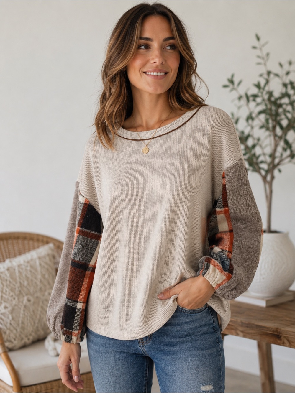 NWT THML Waffle Knit Plaid Sleeve Top Beige Buffalo Plaid Balloon Sleeve Small